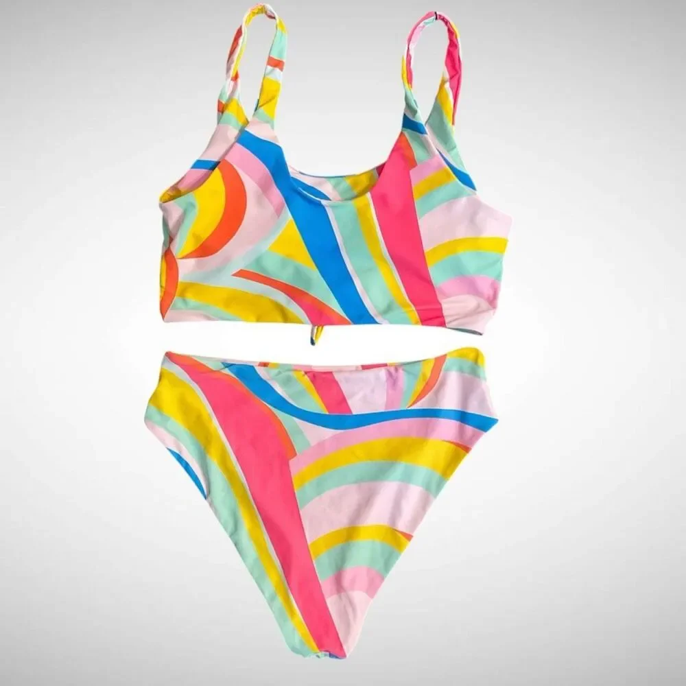 New Womens Zaful Two Piece High Waisted Tankini Bikini Swimsuit Multicolor -L(8)